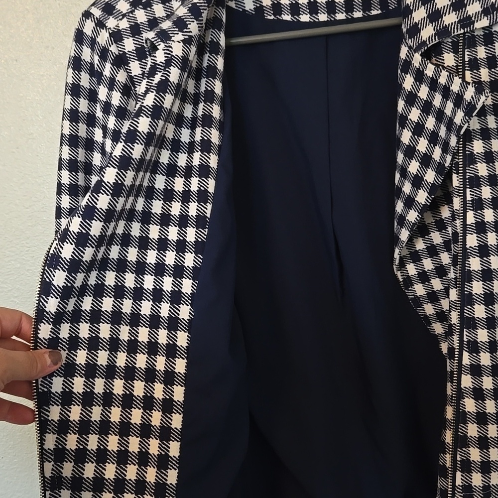 Chico's |  Blue Gingham Moto Jacket Asymmetrical Zip Jacket Size 1 Medium - Picture 7 of 11
